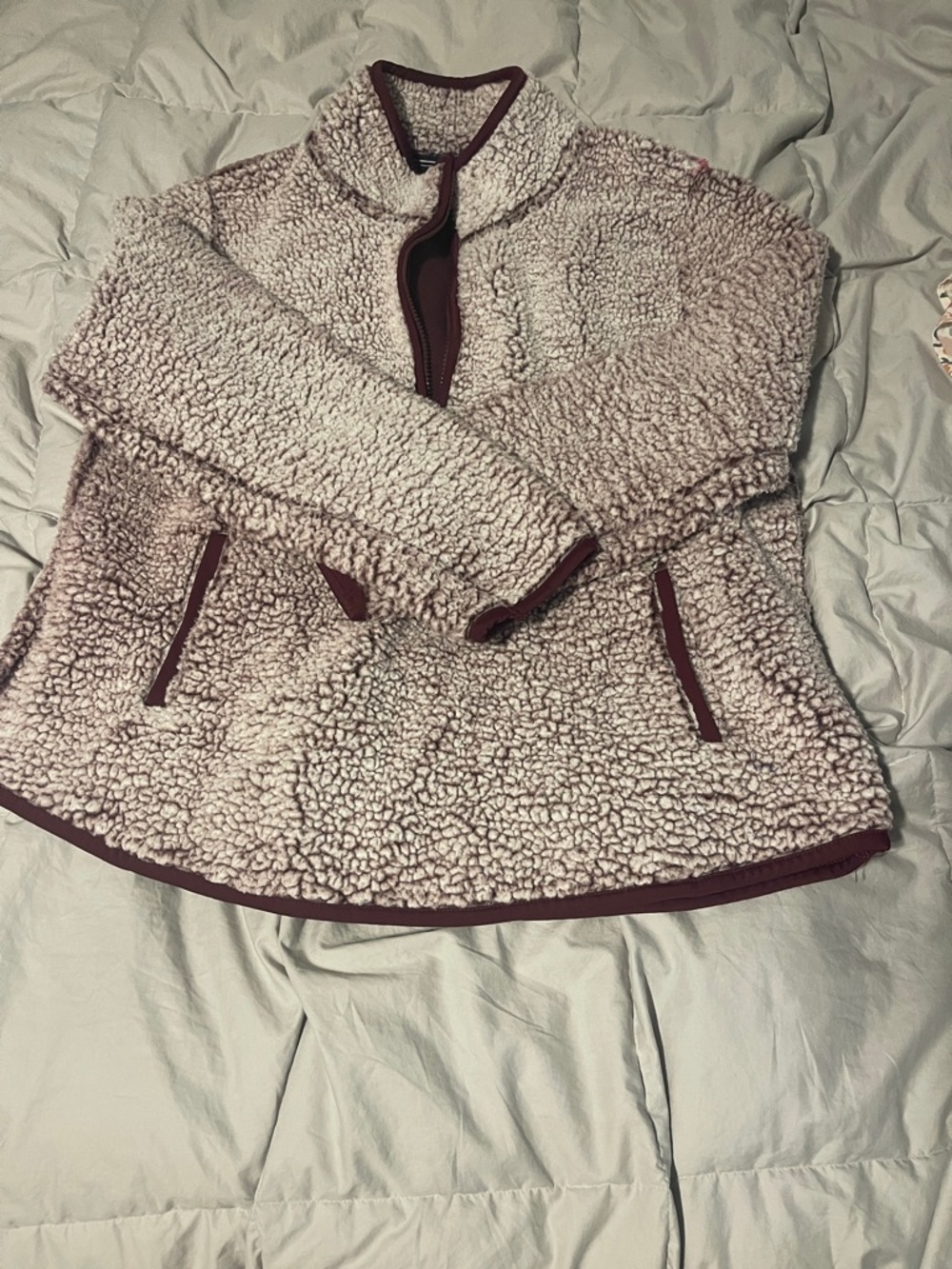 Fleece Sherpa Jacket - Light Red with Burgundy Trim